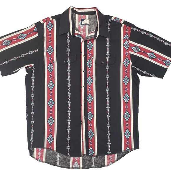 Wrangler Other - Vintage Wrangler Aztec Pearl Snap Western Shirt Mens 2XL Black Red Striped Rodeo